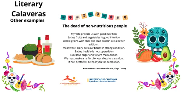 MyPlate provides us with good nutritionEating fruits and vegetables is good intuitionWhole grains with fiber and lean protein are a better additionMeanwhile, dairy puts our bones in strong conditionEating healthy is not superstitionWe must make an effort for our diets to transitionIf not, death will be near you for demolition.Arianna Nava, Nutrition educator at Kings County.