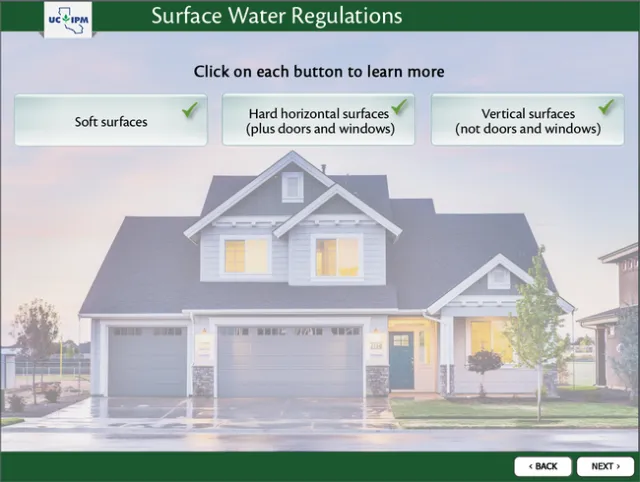 Screen shot from online course showing buttons learner can click on to learn about applications to soft surfaces, horizontal surfaces, and vertical surfaces.