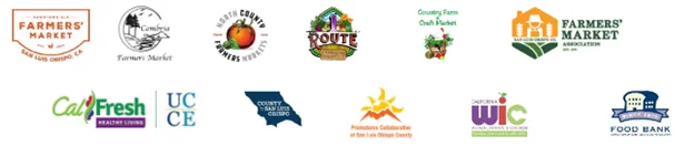 Partner logos: SLO Downtown farmers market, cambria, north county, route one, country farm and craft markets, SLO County Farmers Market Association