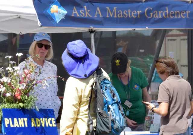 A booth labeled "Ask A Master Gardener" staffed by two women offering advice to two people standing in front of a table.
