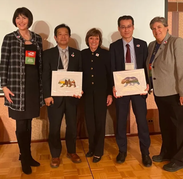 Panelists in the climate discussion included, from left, Nicole Van Vleck of the California Rice Commission, Shori Yamamato of NARO, Karen Ross, Satoru Harada of Yamanashi Prefecture and Glenda Humiston. Photo courtesy of CDFA