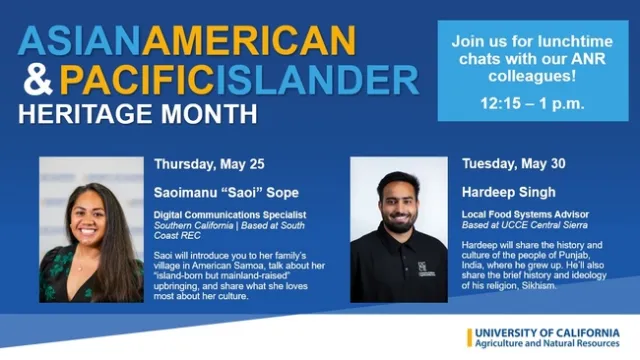 AAPI Month promo with photos of Saoi Sope and Hardeep Singh