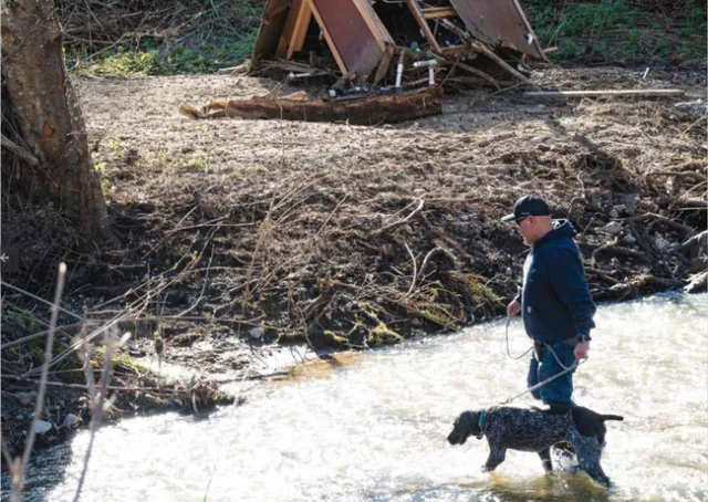 A man and a black dog wade through shallow water.