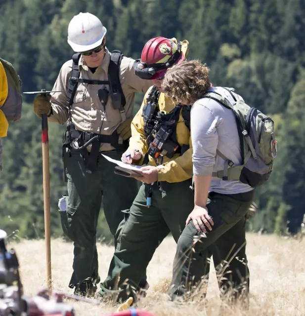 Three people discuss a prescribed burn while standing in a field