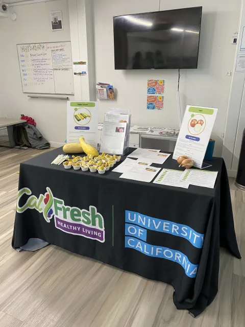 Produce samples and information at shelter food distribution