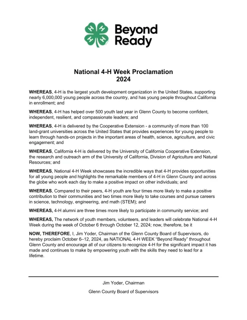 2024 Glenn County 4-H National 4-H Week Proclamation
