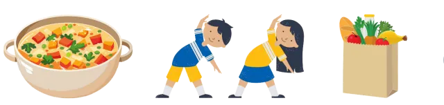 A bowl of vegetable soup, two kids doing stretching exercises, and a bag of groceries