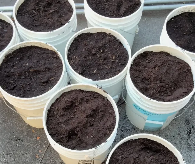 buckets with dehydrated food waste powder