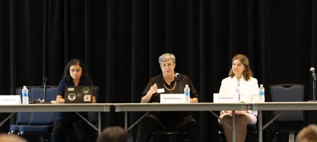 Srabani Glenda and Gillian sit at a long table facing the audience. Glenda is speaking into a mic