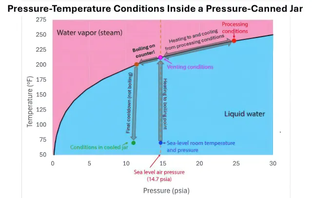 Graph titled "Pressure-temperature conditions inside a Pressure Canned Jar."