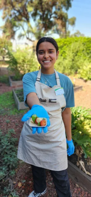 CFHL, UCCE Community Nutrition Educator, Ruchika Jaiswal, presents caprese salad bites fresh from the garden.