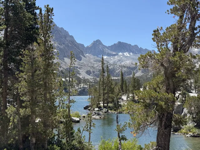 Evergreen trees and mountains surround a lake