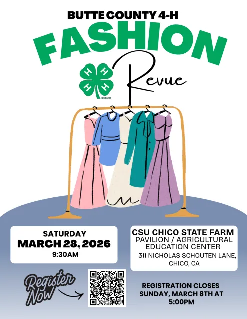 Flyer for 2026 Fashion Revue - includes date, location, and QR code for registration