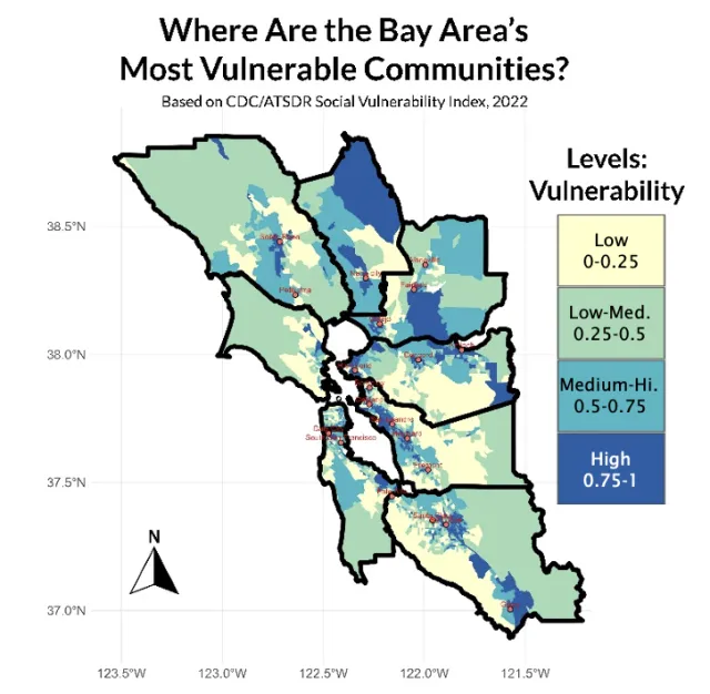 Map shows areas of Bay Area. "Where are the Bay Area's most vulnerable communities?" 