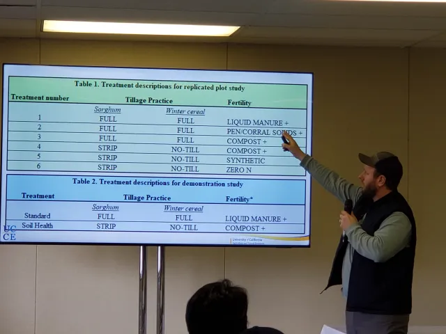 Nick, speaking into a mic, points to the words "Liquid manure plus" on a PowerPoint slide