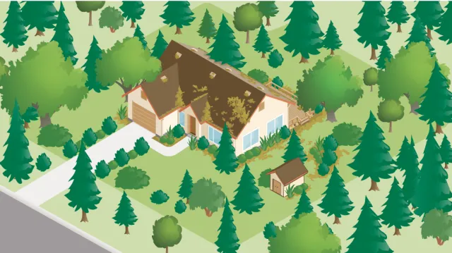 Diagram of a house surrounded by dense vegetation like shrubs and trees.