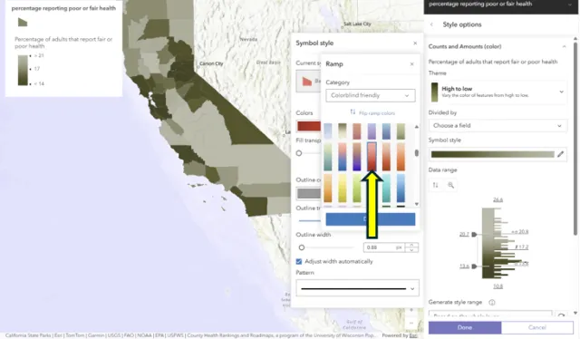 Colorblind friendly color ramp in ESRI Map Viewer. 