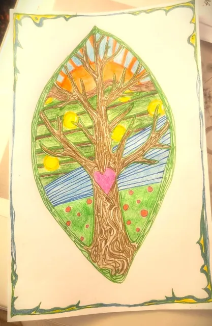 Author's drawing of a beautiful tree, with fields, water, and the sun in the background.