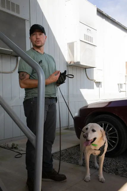 A dog and a person stand outside