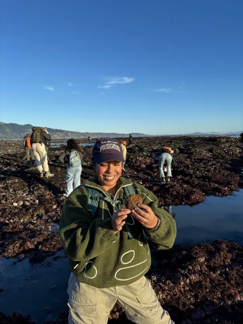 Daisy Prado holds a shell as she explores Duxbury Reef as part of a UC California Naturalist course excursion