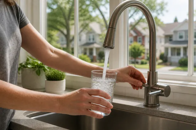 A person fills a clear glass with tap water at a kitchen sink, with natural light and a residential neighborhood visible through a window, representing everyday use and confidence in drinking water.