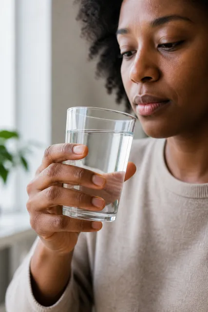 A person holds a clear glass of water and looks at it thoughtfully, representing how individuals interpret and reflect on water quality in everyday life.
