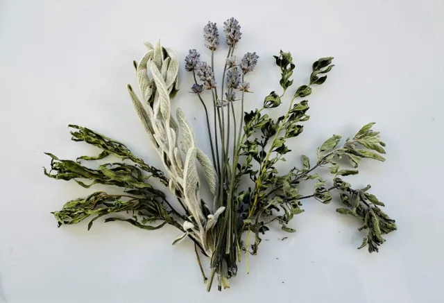 Dried herbs in a bundle including tarragon, sage, lavender, thyme and oregano.