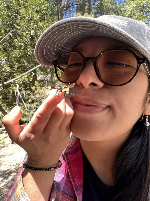 UC President's Postdoctoral Fellow Magda Argueta-Guzmán of UC Merced with a bumble bee.