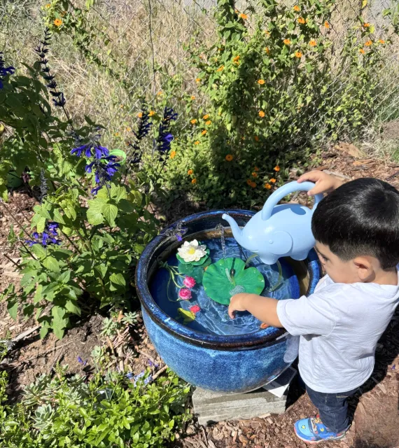 A young child stands explores a blue ceramic water garden with floating lily pad and flower decorations in a sunny outdoor garden, pouring water from a light blue elephant-shaped watering can. Purple and orange flowers bloom nearby.