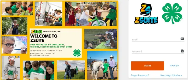 Zsuite Login cover page with 4-H green clover logo and images