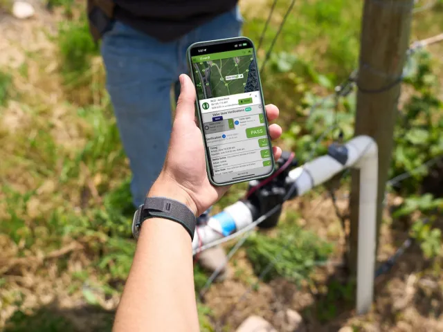 Person holds a phone that has an app controlling irrigation management on a vineyard