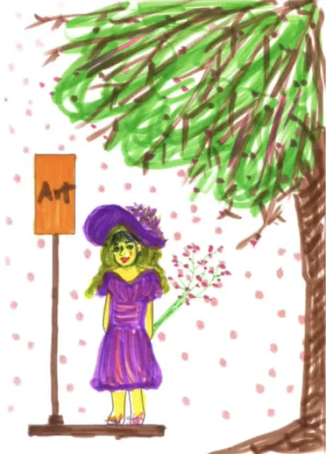 Color drawing of a woman wearing a purple dress and matching hat standing between a sign that reads "Art" and a leafy tree