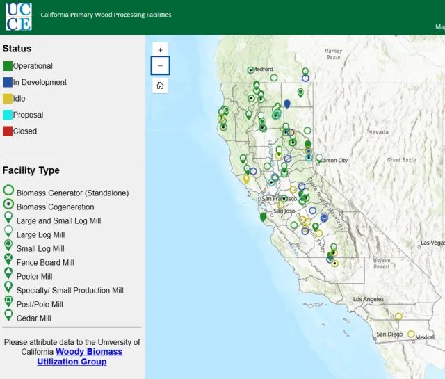 Map of biomass facilities in California.