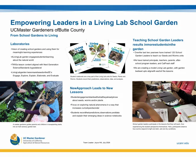 UC Master Gardeners of Butte County poster titled “Empowering Leaders in a Living Lab School Garden.” The poster describes a school garden education program that uses hands-on lessons about seeds, plants, and worms. Images show Living Lab science notebooks, families transplanting seedlings into a school garden bed, and school garden leaders participating in a hands-on lesson. The program has trained 120 school garden leaders over two years to deliver garden-based science education.