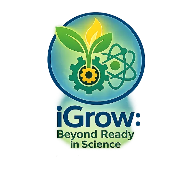 iGrow: Beyond Ready in Science logo featuring a sprouting green plant and yellow flame emerging from a gear beside an atom symbol, enclosed in a blue circle. The words “iGrow: Beyond Ready in Science” appear below in blue and green.
