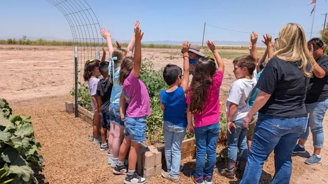 Children standing near garden raised beds with other adults.