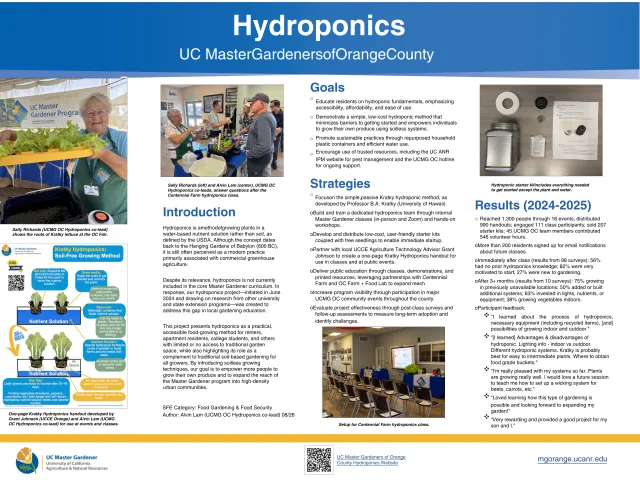 Search for Excellence poster from the UC Master Gardeners of Orange County highlighting their Hydroponics project. The poster describes the program’s goals, strategies, and 2024–2025 results and includes photos of Master Gardeners teaching Kratky hydroponics, a hydroponic starter kit, a classroom setup, and an illustrated Kratky hydroponics handout. The project promotes an accessible, low-cost method for growing food without soil, particularly for people with limited gardening space.