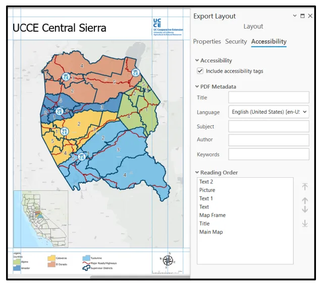 Figure 6.1 and Figure 6.2 display export and layout settings in ArcGIS Pro when exporting a map as a PDF. The interface shows options for adding Alt Text to the exported map, enabling accessibility tags, and organizing the document's reading order so it can be interpreted logically by a screen reader.