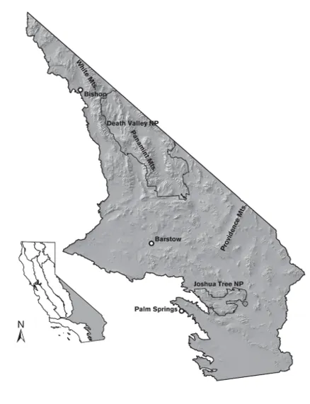 A map illustrating the geographic range of the California Deserts bioregion.
