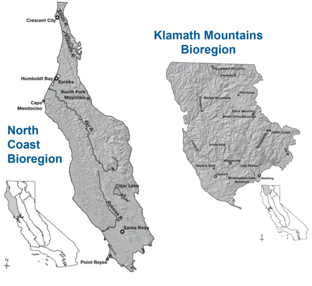 Map of the geographic extent of the North Coast and Klamath Mountains