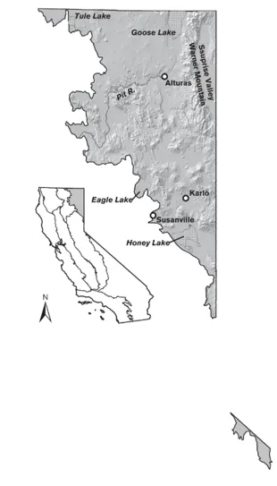 Map of the geographic extent of the Northeastern Plateau. The Northeastern Plateau extends east of the Southern Cascade range and south along the east slopes of the Sierra Nevada.