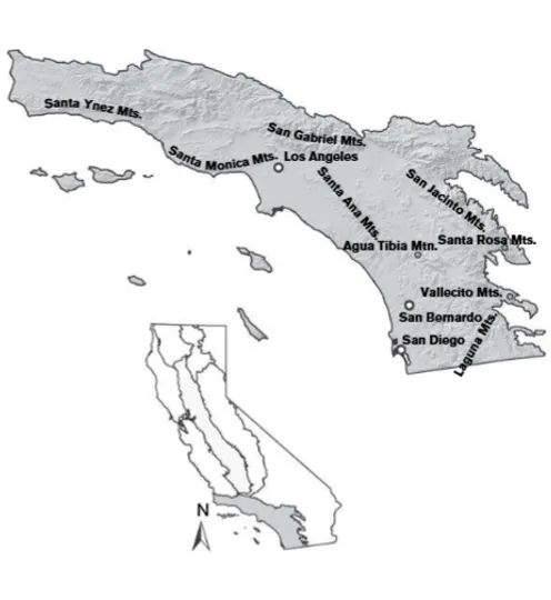 A map illustrating the geographic range of the South Coast bioregion.