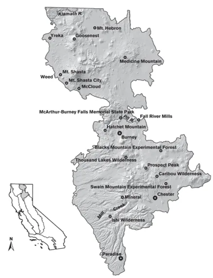 Map of the geographic extent of the Southern Cascades.