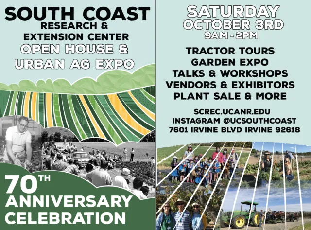 flyer advertising the South Coast REC Open House and Urban Ag Expo on October 3, 2026 from 9am to 2pm with a 70th Anniversary Celebration