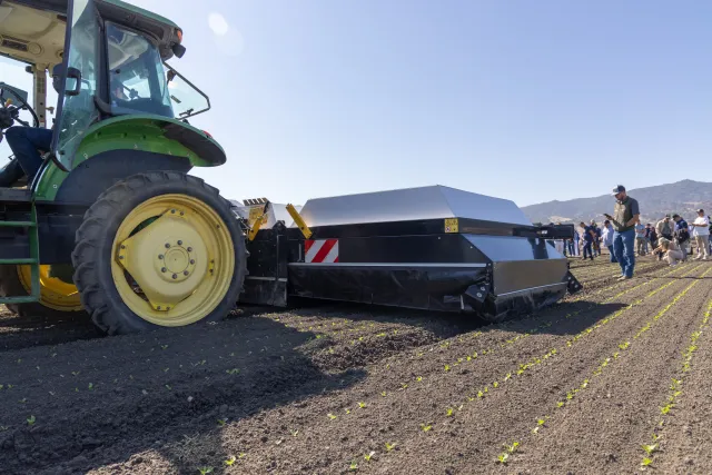 An AI-powered spraying system applies crop inputs in small target zones during an ag-tech field day at Sabor Farms in San Juan Bautista