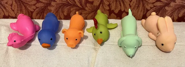 Six plastic toys - chicken, duck, pig, rooster, dog and bunny