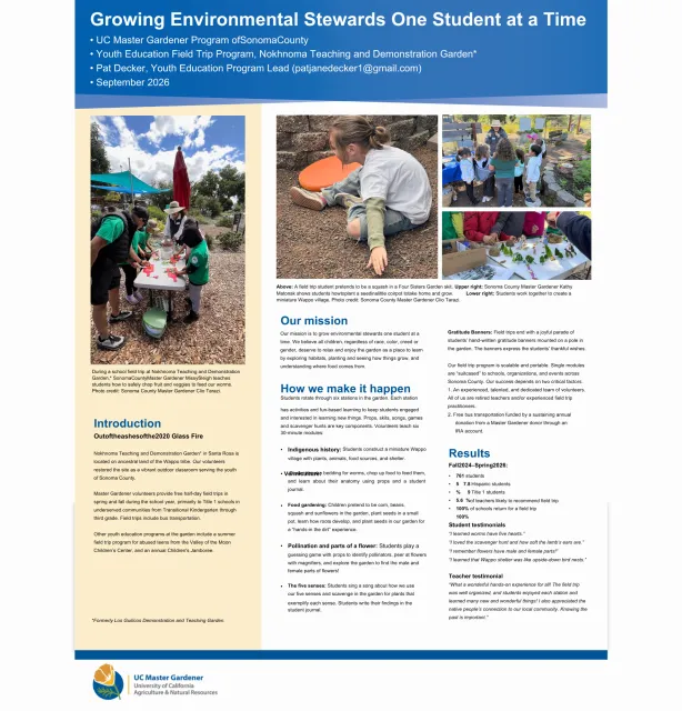 UC Master Gardener Program of Sonoma County poster titled “Growing Environmental Stewards One Student at a Time.” The poster highlights the Youth Education Field Trip Program at Nokhnoma Teaching and Demonstration Garden, where children participate in hands-on garden learning. Photos show students preparing food for worms, acting out a Four Sisters Garden lesson, planting seeds, and creating a miniature Wappo village. The poster describes the program’s mission, educational activities, and results, including