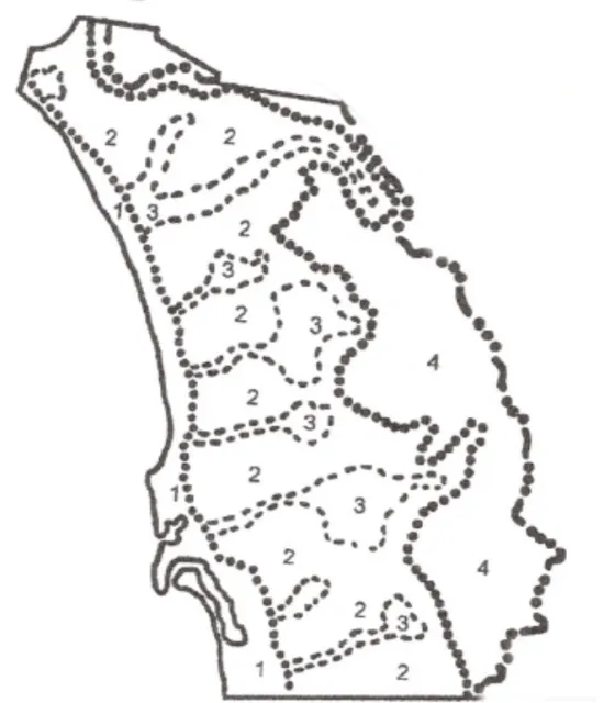 A black and white map of San Diego County. It shows a thin region 1 along the coast, running north to south, a wide region 2 in the center running north to south, some outlined pockets running west to east in the center labeled region 3, and a medium sized outlined area labeled region 4 on the east boundary of the map.