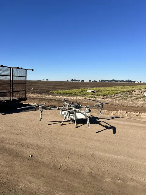 Drone getting ready to spray cover crop in Salinas Valley