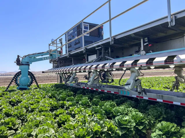 Agricultural automation equipment is demonstrated in a leafy greens field during UC ANR Innovate's Coastal Veg Field Day in the Salinas Valley